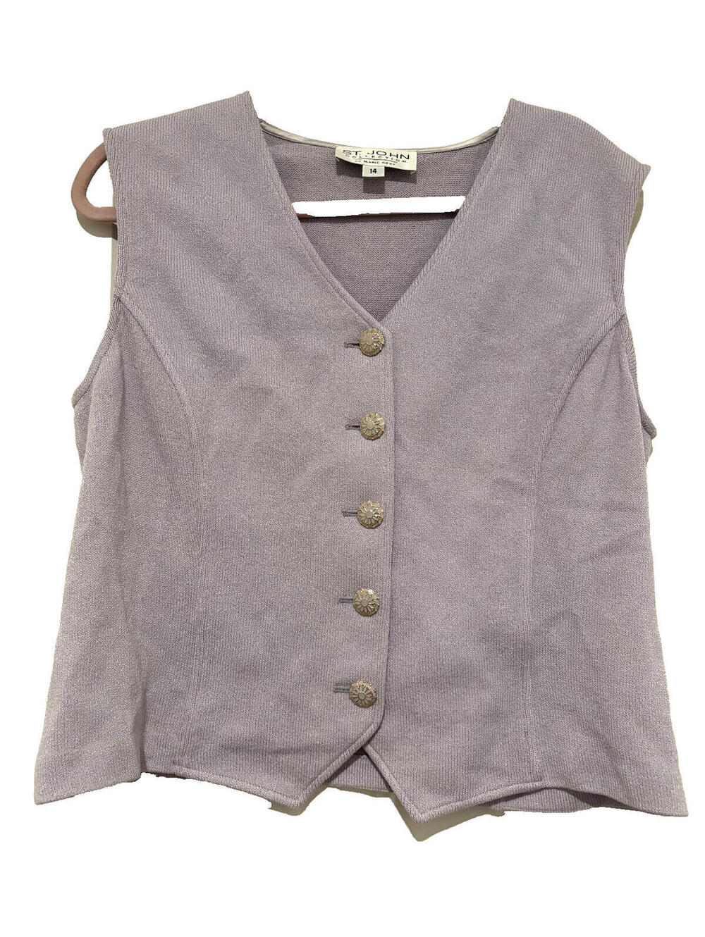 St John's Marie Grey Collection lilac button down wool/silk sz 14 vest#3420
